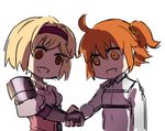  ahoge blonde_hair bob_cut brown_eyes chaldea_uniform chibi djeeta_(granblue_fantasy) empty_eyes fate/grand_order fate_(series) fighter_(granblue_fantasy) fujimaru_ritsuka_(female) gauntlets granblue_fantasy hairband handshake juliet_sleeves long_sleeves multiple_girls nanaya_(daaijianglin) one_side_up orange_eyes orange_hair puffy_sleeves riyo_(lyomsnpmp)_(style) shaded_face simple_background uniform upper_body white_background 