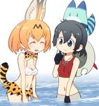  :d ^_^ adapted_costume animal_ears bare_shoulders bikini_top black_gloves black_hair blonde_hair blue_eyes bow bowtie breasts closed_eyes commentary_request crop_top facing_another gloves hair_between_eyes hat hat_around_neck helmet highres kaban_(kemono_friends) kemono_friends looking_at_another lucky_beast_(kemono_friends) multiple_girls navel open_mouth partially_submerged pith_helmet print_neckwear print_skirt red_shirt sat-c serval_(kemono_friends) serval_ears serval_print serval_tail shirt short_hair skirt small_breasts smile strap_gap tail tank_top wading water white_bikini_top 