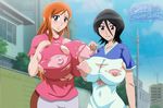  2girls black_hair bleach blue_sky breasts cleavage dress_shirt erect_nipples female greengiant2012 huge_breasts inoue_orihime kuchiki_rukia light-skinned looking_at_viewer multiple_girls nipples orange_hair pink_clothes road shirt sky street t-shirt torn_clothes 