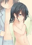  asashio_(kantai_collection) black_hair blue_eyes blurry breasts closed_mouth collarbone convenient_arm dressing drying drying_hair green_towel hair_between_eyes half-closed_eyes highres kantai_collection long_hair looking_down nagami_yuu navel non-web_source nude pajamas small_breasts smile towel towel_around_neck wet wet_hair 