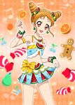  aikatsu! aikatsu!_(series) aikatsu!_photo_on_stage!! arisugawa_otome beads beamed_eighth_notes beamed_sixteenth_notes bow bracelet candy cherry double_bun earrings eighth_note food food_themed_hair_ornament fruit gingerbread_cookie gingerbread_man hair_ornament highres jewelry musical_note necklace orange orange_background orange_hair pear quarter_note skirt skirt_hold sleeveless solo star star_hair_ornament watermelon watermelon_hair_ornament 