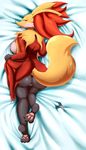  1girl absurdres animal_ears anus bed_sheet breasts claws dakimakura delphox fang feet fox_ears fox_tail full_body furry half-closed_eyes hurikata large_breasts looking_at_viewer lying no_humans open_mouth paws pokemon pokemon_(creature) pokemon_xy pussy pussy_juice red_eyes saliva scissors shiny_skin solo tail teeth tongue tongue_out uncensored 
