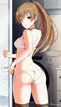  ass bra breasts brown_hair hair_ornament hairclip high_ponytail kantai_collection kumano_(kantai_collection) long_hair looking_back medium_breasts panties ponytail side-tie_panties solo standing takaharu thighhighs underwear underwear_only washing_machine white_bra white_panties 