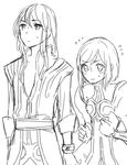  1boy 1girl belt blush bracelet breasts dress estellise_sidos_heurassein long_hair monochrome short_hair tales_of_(series) tales_of_vesperia vest yuri_lowell 