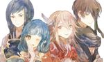  2girls armor fire_emblem fire_emblem_if gurei_(fire_emblem_if) hair_ornament hisame_(fire_emblem_if) japanese_clothes light_smile looking_at_viewer matoi_(fire_emblem_if) mitama_(fire_emblem_if) multiple_boys multiple_girls shourou_kanna simple_background smile white_background 