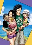  1boy 1girl 2boys 2girls alternate_hairstyle black_hair black_shoes carrying_under_arm child cloud couple family fur_hat glasses goatee gold hat husband_and_wife if_they_mated iurypadilha jolly_roger nico_robin one_piece ponytail red_shoes short_twintails sky smile stethoscope tattoo trafalgar_law vest water yellow_eyes 