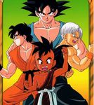  black_eyes black_hair blue_eyes child dougi dragon_ball dragon_ball_z fighting_stance green_background looking_at_viewer mohawk multiple_boys official_art open_mouth serious short_hair son_gokuu son_goten spiked_hair trunks_(dragon_ball) uub wristband yellow_background 