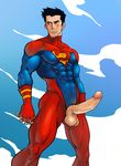  1boy abs bara black_hair blue_eyes blush bodysuit clouds dc dc_comics erection facial_hair fingerless_gloves flying goatee highres huge_penis inmomakuro kon_el large_penis male men muscle penis s_shield short_hair skin_tight solo superboy superhero testicles uncensored 