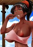  2girls big_breasts black_hair bleach breasts brushing_teeth cleavage cloud clouds dark_skin erect_nipples female large_breasts long_hair multiple_girls nipple_slip nipples sexually_suggestive shihouin_yoruichi sky soifon sui-feng tamaden toothbrush underboob yellow_eyes yoruichi 