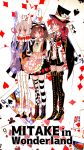  3girls :i alice_in_wonderland animal_ears aoba_moka apron bang_dream! black_dress black_hat black_ribbon blue_eyes blush boots bow brown_hair card chino_machiko club_(shape) commentary_request diamond_(shape) dress fishnet_pantyhose fishnets flower grey_eyes grey_hair grin guitar hair_between_eyes hair_bow hair_ribbon hat heart high_heel_boots high_heels highres holding holding_instrument instrument jacket jitome looking_at_viewer mitake_ran multicolored_hair multiple_girls neck_ribbon pantyhose red_flower red_hair red_neckwear red_ribbon red_rose ribbon rose short_hair smile spade_(shape) standing streaked_hair striped striped_legwear thigh_boots thighhighs title_parody top_hat translation_request udagawa_tomoe waist_apron white_apron white_jacket 