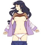  bad_id bad_pixiv_id black_hair breasts closed_eyes fishnet_top fishnets groin hyuuga_hinata long_hair medium_breasts naruto naruto_(series) nipples no_bra open_clothes panties pants_pull panty_pull shirt_lift simple_background sleeping solo underwear urue 