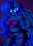  2014 absurd_res anthro anthrofied blue_eyes blue_feathers blue_hair clothed clothing cutie_mark equine feathered_wings feathers female friendship_is_magic garter_belt garter_straps hair hi_res horn legwear lingerie long_hair looking_at_viewer mammal my_little_pony princess_luna_(mlp) purple_background pussy simple_background solo stockings winged_unicorn wings zodiacnicola 