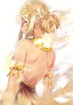  absurdres armlet bad_id bad_pixiv_id bare_back blonde_hair blue_eyes burning_eye choker commentary from_behind hair_ornament highres long_hair looking_at_viewer looking_back original sidelocks simple_background solo standing upper_body white_background yeyebirdie 