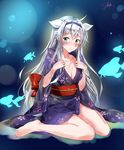  absurdres ahoge akgotch barefoot blue_eyes blush breasts cleavage fish hairband highres japanese_clothes kimono legs long_hair looking_at_viewer medium_breasts obi rokudenashi_majutsu_koushi_to_akashic_record sash silver_hair sistine_fiber sitting wariza yukata 