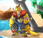  2017 abs anchor anthro balls beach biceps big_bulge big_claws blue_eyes bulge capcom claws clothing crouching cum cum_in_pants dokara dragon ear_piercing gold_scales horn invalid_tag inviting jewelry looking_at_viewer male monster_hunter muscular necklace palm_trees pecs piercing pirate scales scalie seaside shagaru_magala shipwreck smile solo spines torn_clothing video_games 