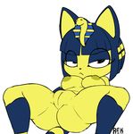  2017 animal_crossing ankha anthro big_thighs blue_hair breasts butt cat digital_media_(artwork) egyptian feline frown fur hair half-closed_eyes looking_at_viewer makeup mammal nintendo nipples nude pose presenting presenting_pussy pussy rektum simple_background slightly_chubby solo spread_legs spreading video_games white_background yellow_fur 