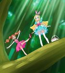  &gt;_&lt; aqua_eyes blonde_hair closed_eyes dress food_themed_hair_ornament forest green_dress hair_ornament hairband haruyama_kazunori kirahoshi_ciel kirakira_precure_a_la_mode long_hair multiple_girls nature open_mouth orange_hair panties petticoat pink_hairband pink_panties pink_skirt precure skirt smile standing strawberry_hair_ornament thighhighs tree twintails underwear usami_ichika white_legwear zettai_ryouiki 