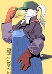 2015 5_fingers anthro apron avian baseball_cap beak bird black_feathers black_tail bone chest_tuft clothed clothing digital_media_(artwork) feathers female fish_bone fully_clothed gloves hair hand_on_hip hat humanoid_hands kemono long_hair long_sleeves looking_away mouth_closed multicolored_feathers multicolored_tail nogi orange_gloves ponytail portrait purple_clothing seagull side_view signature simple_background solo three-quarter_portrait tuft two_tone_feathers two_tone_tail white_feathers white_hair white_tail yellow_background yellow_beak yellow_eyes 