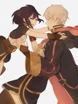  1girl black_hair closed_eyes crying elbow_gloves father_and_daughter fire_emblem fire_emblem:_kakusei gloves highres male_my_unit_(fire_emblem:_kakusei) mark_(female)_(fire_emblem) mark_(fire_emblem) my_unit_(fire_emblem:_kakusei) pararade simple_background smile tears white_hair 