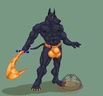  abs anubian_jackal anubis balls biceps bounce bulge canine clothing deity hungothenomster jackal jockstrap mammal melee_weapon muscular nipples pecs penis sword underwear weapon 