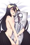  absurdres ainz_ooal_gown albedo bed_sheet black_hair black_wings breasts character_print convenient_arm dakimakura_(object) demon_girl demon_horns feathered_wings female_pervert hetero highres horns large_breasts long_hair lying navel nude on_side open_mouth overlord_(maruyama) pervert pillow ryojojo solo very_long_hair wings yellow_eyes 