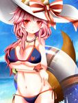  absurdres animal_ears bikini blue_bikini blush breast_hold breasts cleavage collarbone crossed_arms day ears_through_headwear fate/extra fate/grand_order fate_(series) fox_ears fox_tail groin hat highres large_breasts long_hair looking_at_viewer navel ocean open_mouth outdoors pink_hair sana_hamada solo sun_hat swimsuit tail tamamo_(fate)_(all) tamamo_no_mae_(fate) tamamo_no_mae_(swimsuit_lancer)_(fate) white_hat yellow_eyes 