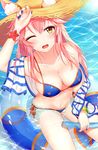  absurdres animal_ears arm_up bad_id bad_pixiv_id bikini blue_bikini blue_nails blush breasts cleavage collarbone ears_through_headwear eyebrows_visible_through_hair fate/extra fate/grand_order fate_(series) hat highres hose innertube junpaku_karen large_breasts long_hair looking_at_viewer nail_polish one_eye_closed open_mouth pink_hair sitting smile solo straw_hat sun_hat swimsuit tamamo_(fate)_(all) tamamo_no_mae_(fate) tamamo_no_mae_(swimsuit_lancer)_(fate) water wet yellow_eyes 