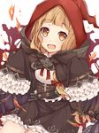  bad_id bad_pixiv_id bangs black_skirt brown_eyes brown_hair cloak commentary corset eyebrows_visible_through_hair frills hood little_red_riding_hood_(sinoalice) looking_at_viewer omuretsu open_mouth pleated_skirt sinoalice sitting skirt sleeves_past_wrists smile solo teeth wavy_hair 