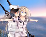  1girl admiral_(zhan_jian_shao_nyu) black_legwear blue_eyes blue_sky breasts cable cleavage closed_mouth collarbone cowboy_shot day english faceless faceless_male floating_hair gloves grey_hair hand_on_another's_stomach hat highres hug jyt lexington_(zhan_jian_shao_nyu) long_hair looking_at_another looking_away open_mouth outstretched_arms parody peaked_cap railing shirt short_sleeves skirt sky skyline smile spread_arms sunlight titanic uniform waist_hug white_coat white_gloves white_hat white_shirt white_skirt zhan_jian_shao_nyu 