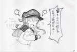  akatsuki_(kantai_collection) anchor_symbol eyebrows eyebrows_visible_through_hair faceless faceless_female flat_cap flying_sweatdrops graphite_(medium) greyscale hat highres iwasawayuki kantai_collection long_hair long_sleeves looking_back monochrome nanodesu_(phrase) open_mouth pointing_finger school_uniform serafuku silhouette sleeves_past_wrists traditional_media translated 