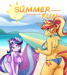  2017 ambris anthro anthrofied bikini breasts cleavage clothed clothing cutie_mark equestria_girls equine friendship_is_magic hi_res horn mammal my_little_pony ponytail starlight_glimmer_(mlp) sunset_shimmer_(eg) surfboard swimsuit unicorn 
