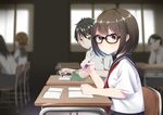  4girls black_hair brown_eyes brown_hair classroom desk glasses long_hair looking_at_viewer multiple_girls nekobaka original pen school_desk school_uniform serafuku short_hair sitting 