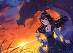  black_dress black_hair dragon dress dutch_angle flower jewelry long_hair necklace original red_eyes shawl solo soriya sunset tiara twilight 