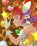  amanogawa_kirara aroma_(go!_princess_precure) bare_shoulders blurry brown_hair chocokin cure_twinkle eyebrows_visible_through_hair gloves go!_princess_precure highres long_hair magical_girl multicolored_hair pink_hair precure profile purple_eyes smile star two-tone_hair white_gloves 