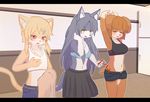  3girls black_hair brown_hair cat dog furry kyuuri long_hair short_hair violet_eyes wolf yellow_eyes 