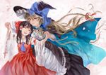  age_difference black_hair blonde_hair braid brown_hair cape closed_eyes commentary dancing detached_sleeves dress frilled_dress frills hair_ribbon hair_tubes hakurei_reimu happy hat height_difference holding_hands kayako_(tdxxxk) kirisame_marisa long_hair looking_at_another multiple_girls necktie nontraditional_miko open_mouth petals ribbon skirt smile touhou wide_sleeves witch_hat yellow_eyes 