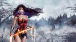  bare_shoulders black_hair blue_eyes blue_hair boots breasts cleavage dc_comics gradient_hair highres large_breasts lasso lasso_of_truth long_hair looking_at_viewer multicolored_hair olga_narhova solo superhero tiara wonder_woman wonder_woman_(series) 