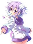  ass back blush choker d-pad d-pad_hair_ornament food from_behind hair_ornament hood hoodie looking_at_viewer looking_back matokechi neptune_(choujigen_game_neptune) neptune_(series) popsicle purple_eyes purple_hair short_hair simple_background solo white_background 