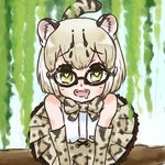  :d animal_ears bare_shoulders black-framed_eyewear blonde_hair bow bowtie cat_ears cat_tail commentary drooling elbow_gloves extra_ears fangs glasses gloves green_eyes heart heart-shaped_pupils in_tree kemono_friends looking_at_viewer margay_(kemono_friends) margay_print open_mouth print_gloves print_neckwear print_skirt shirt short_hair skirt sleeveless sleeveless_shirt smile solo symbol-shaped_pupils tail tree yonaka-nakanoma 