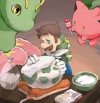  ambiguous_gender book clothed clothing crossover egg facial_hair feral flora_fauna group heating_pad hoppip human luigi male mammal mario_bros meganium mustache nintendo plant pok&eacute;mon sewaddle simple_background towel uroad7 video_games 