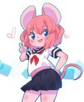  animal_ears arm_up blue_eyes blue_skirt commentary_request furry hand_on_hip heart midriff mouse_ears mouse_girl mouse_tail open_mouth original pink_hair school_uniform serafuku shirt short_hair skirt smile solo tail v white_shirt yuuki_(yuyuki000) 
