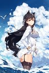  animal animal_ears arm_at_side ass atago_(azur_lane) azur_lane bangs bird black_background black_hair blue_sky blunt_bangs breasts brown_eyes brown_legwear closed_mouth cloud cloudy_sky commentary_request cowboy_shot day double-breasted extra_ears eyebrows_visible_through_hair floating_hair from_behind garter_straps gloves gold_trim highres impossible_clothes jin_yun large_breasts legs_together long_hair long_sleeves looking_at_viewer looking_back military military_uniform miniskirt mole mole_under_eye outdoors pencil_skirt ribbon seagull side_slit skirt skirt_lift sky smile solo standing thighhighs thighs turtleneck twisted_torso uniform very_long_hair wading water white_gloves white_ribbon white_skirt wind 