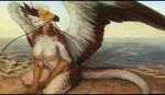  2016 anthro avian beach beak biped bird black_beak black_horn breasts brown_feathers brown_tail detailed_background digital_media_(artwork) digital_painting_(artwork) dragon eastern_dragon egyptian_vulture eva_(ozawk) feathered_wings feathers female flesh_whiskers front_view horn hybrid kneeling letterbox looking_away multicolored_feathers multicolored_tail non-mammal_breasts nude oouna outside sea seaside signature solo two_tone_feathers vulture water whiskers white_belly white_feathers white_tail wings 