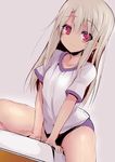  buruma commentary_request dutch_angle fate/stay_night fate_(series) grey_background gym_uniform illyasviel_von_einzbern long_hair looking_at_viewer red_eyes sen_(astronomy) simple_background smile solo straddling vaulting_horse white_hair 