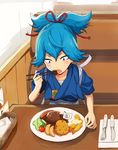  blue_eyes blue_hair chopsticks eating flag food fork fruit hamburger_steak holding holding_chopsticks japanese_clothes knife male_focus nomuo_(shiromi) open_mouth persimmon plate ponytail sayo_samonji tempura tomato touken_ranbu 