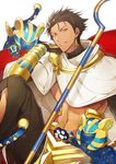  abs bracer brown_hair commentary_request dark_skin dark_skinned_male earrings egyptian egyptian_clothes fate/grand_order fate/prototype fate/prototype:_fragments_of_blue_and_silver fate_(series) grin hand_on_own_cheek highres jewelry looking_at_viewer male_focus navel nitaka_(fujikichi) ozymandias_(fate) parted_lips smile solo sphinx_awlad yellow_eyes 