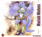  2014 absurd_res anthro armor armwear arrow blue_feathers blue_hair bow_(weapon) breasts cleavage clothed clothing elbow_gloves equine fan_character feathered_wings feathers female gloves green_eyes hair hi_res holding_object holding_weapon horn mammal mariah_wolves multicolored_hair my_little_pony navel quiver ranged_weapon skyraptor solo standing two_tone_hair unconvincing_armor weapon white_hair winged_unicorn wings 