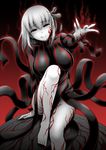  :q arm_support bangs barefoot black_dress breasts commentary_request dark_sakura dress fate/stay_night fate_(series) foreshortening grey_ribbon hair_ribbon impossible_clothes impossible_dress kanno_takanori large_breasts long_hair long_sleeves looking_at_viewer matou_sakura pale_skin pelvic_curtain red_eyes ribbon sitting smile solo striped tongue tongue_out veins vertical-striped_dress vertical_stripes white_hair 