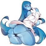  2016 alpha_channel amphibian animal_humanoid anthro areola big_breasts big_butt blue_hair blue_lips blue_nipples blue_skin breasts butt clothing female frog hair hi_res humanoid long_hair looking_at_viewer looking_back nipples panties purple_eyes shirt simple_background solo thick_thighs toothbrush transparent_background underwear venusflowerart voluptuous 