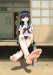  1boy 1girl bangs barefoot black_hair blunt_bangs calendar calendar_(object) character_request copyright_request feet full_body long_hair looking_at_viewer looking_down panties pantyshot pantyshot_(sitting) pleated_skirt popsicle pov_feet red_eyes school_uniform serafuku shadow sitting skirt soles solo_focus toenails toes tongue_out white_panties yuzu_gin_(pika97) 